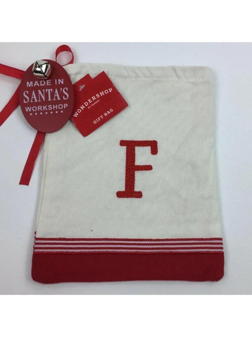 Wondershop White Monogram Red Initial F Drawstring Gift Bag Santas Workshop Bell